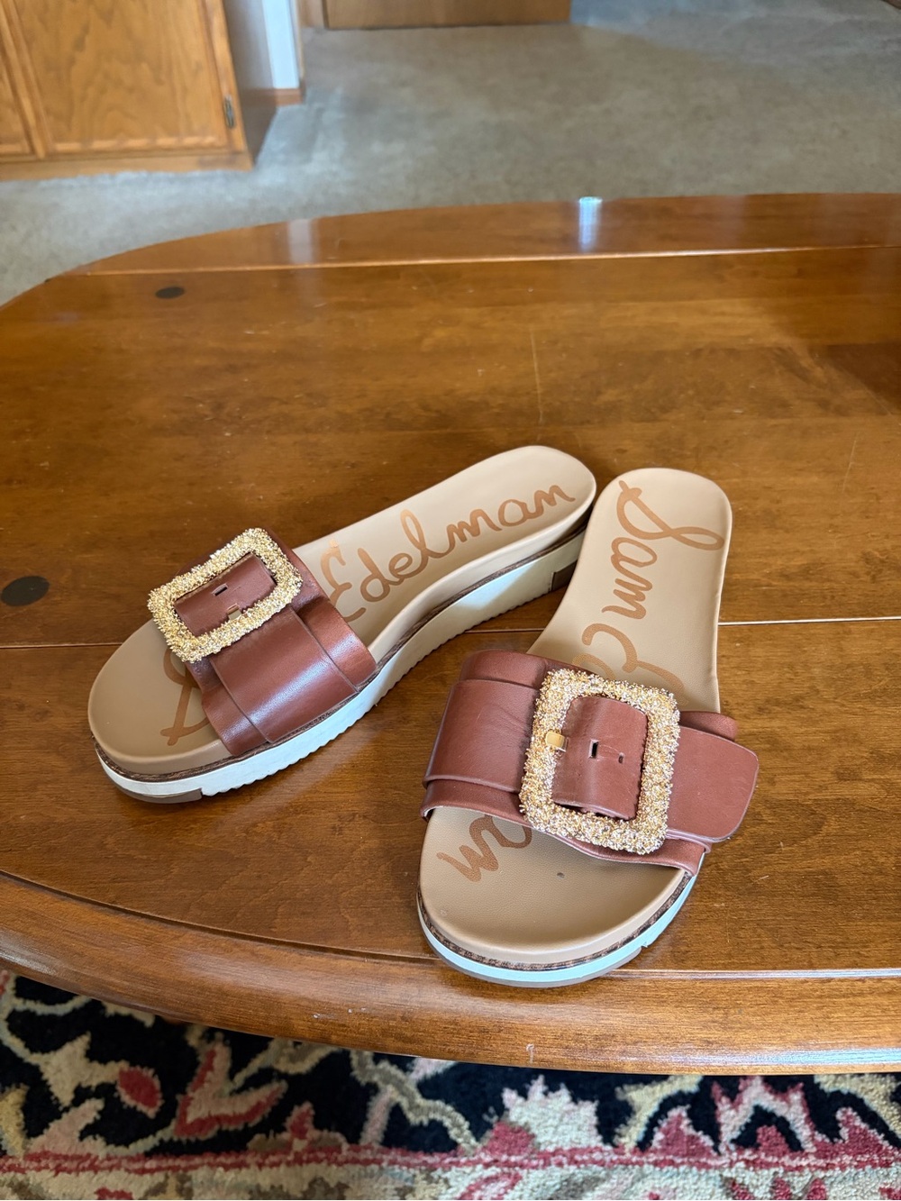 Sam Edelman Brown Slide Sandals with Decorative Buckle